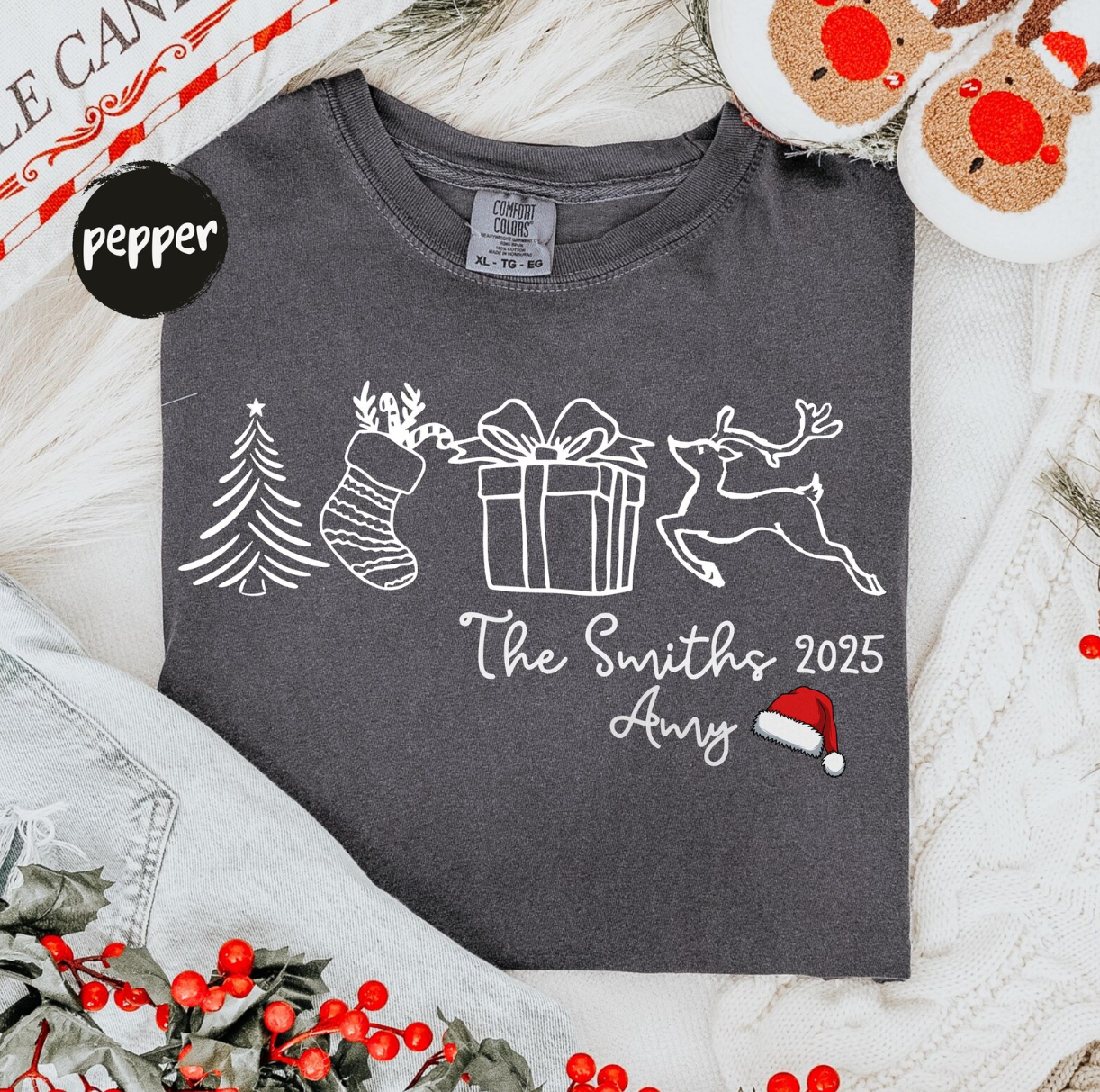 Funny Family Xmas Pjs, Comfort Colors Personalized Holiday Tee, Custom Xmas Gift